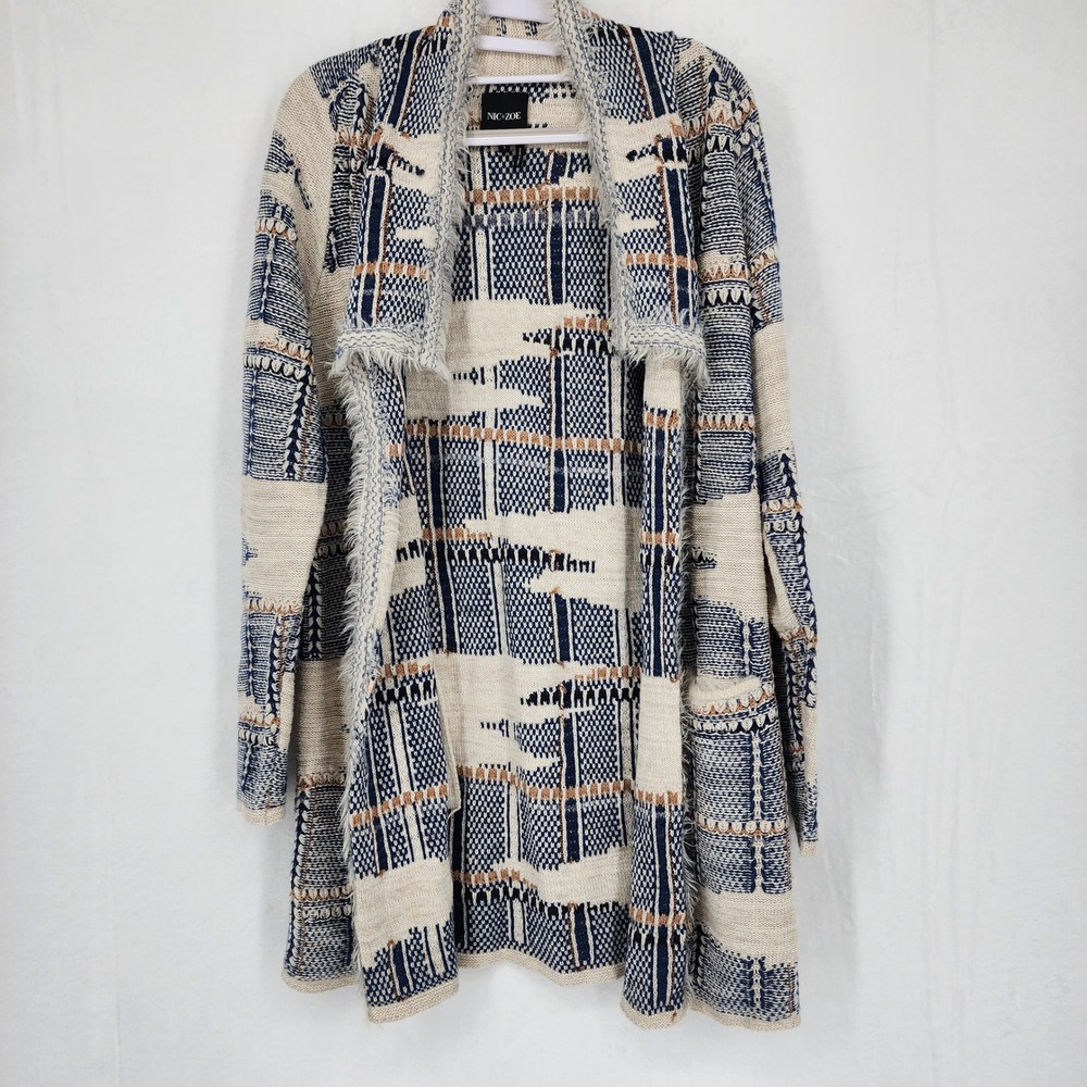NIC+ZOE Open Front Cardigan S Blue Cream Cotton‎ Blend Fringe Trim Knit Sweater